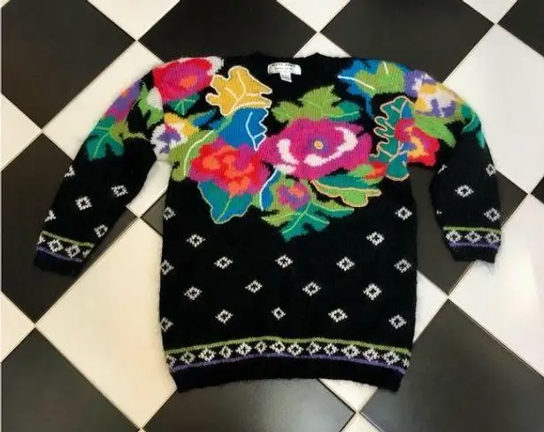 Vintage 80s Vivian Wang Kitty Hawk Oversized Sweater Floral Pattern Mohair sz S Multiple