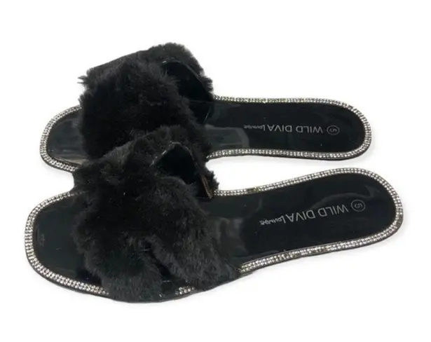 Wild Diva  Lounge Black Faux Fur Rhinestone Slides