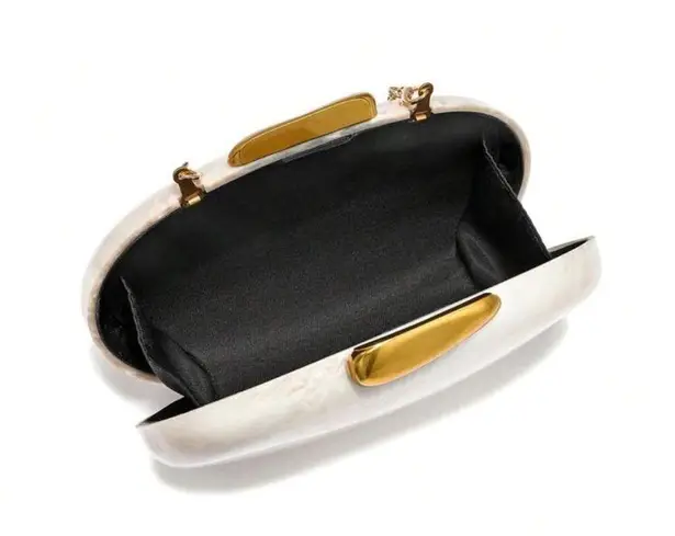 Ivory cream pearl gold accent oval box bag clutch with removable crossbody strap