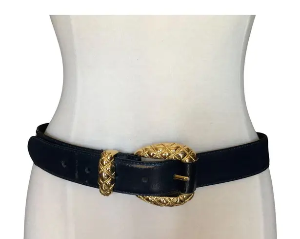 Cipriani Belt Glazed Cowhide On PVC Lining Black Gold Tone Buckle Size Large