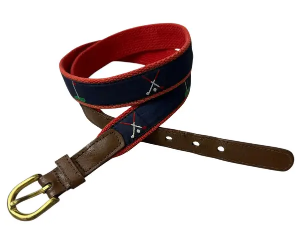 Lady Canterbury Golf Belt Womens Large Cotton Leather Brass Buckle Preppy Sports Blue