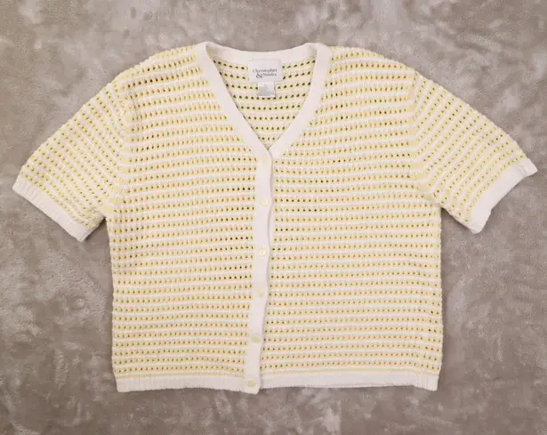 Christopher & Banks Vintage White Yellow Striped Short Sleeve Cardigan Sweater L