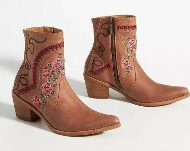 Anthropologie  Marco Delli Embroidered Leather Western Boot Size 36 Floral Cowboy