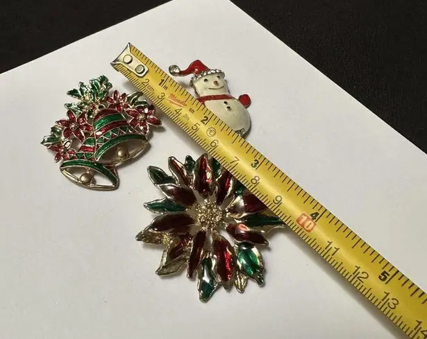 Christmas Holiday Brooch Pins Lot Of 3 Bells, Poinsettia, Snowman