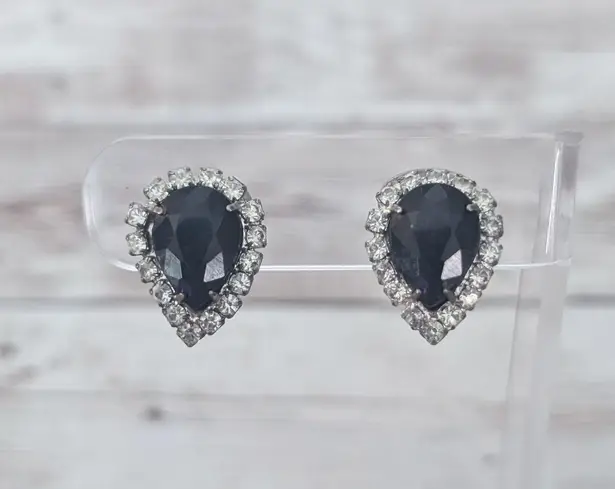 Vintage Clip On Earrings Black & Clear Gem Elegant