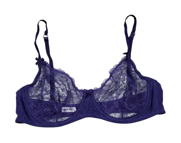 READ Mimi Holliday Unlined Underwire Lace Bra Purple Size 34D Silk Blend - Image 1