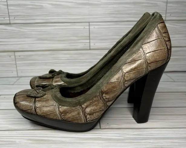 Nine West Vtg  Womens 7.5 M Sherri Classic Block Heels Shoes Green Leather Croc
