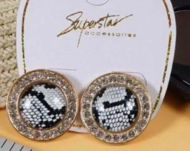 Superstar Accessories Snake Print Stud Zirconia Earrings Gold, Gray, & Black NWT Gray