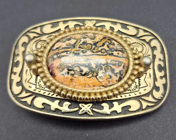 None Gold Tone Black Enamel Belt Buckle Leopard Skin Jasper Stone Made In USA 2 X 3"