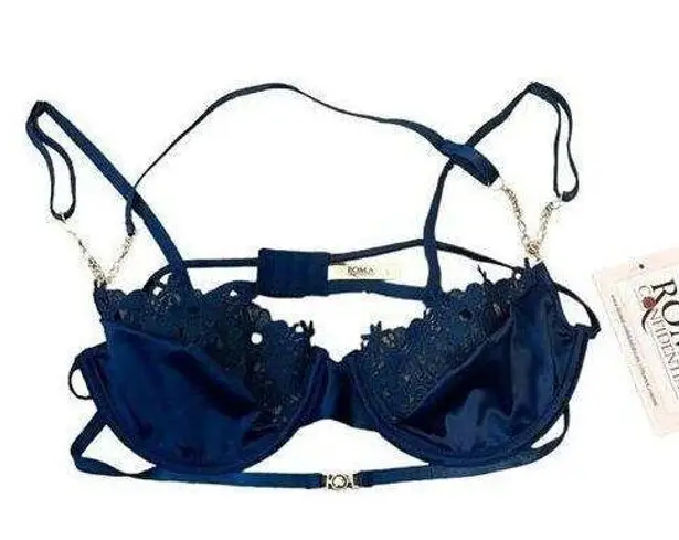 Roma  Confidential Navy Blue Satin & Lace Bra with Gold Accent—Size Large