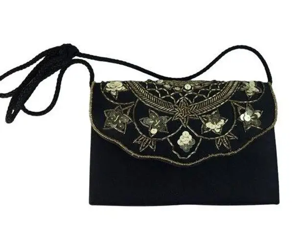 Vintage Black Velvet Purse Formal Evening u Handbag Crossbody or Clutch Gold Bea