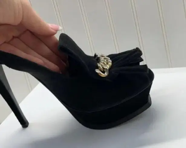 Yves Saint Laurent Black Suede Fringe Chain Open Toe Slingback Stiletto Heel 8.5