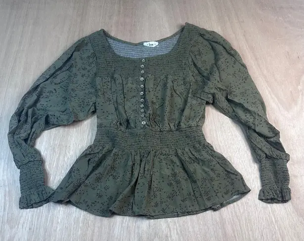 In Loom Women’s Peasant Blouse Olive Green Floral Smocked Boho Top S Fall