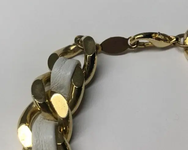 Signed A.V. Max Braided Costume Jewelry Bracelet Gold Tone / White Faux Leather