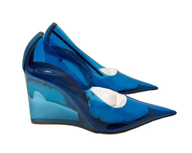 Amina Muaddi NEW Ane Pointed Toe PVC Glass Patent Wedges Heels Blue US 7.5