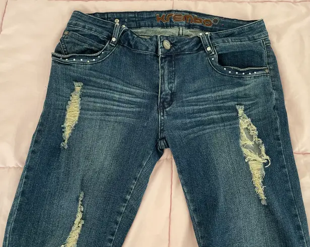 Krembo Distressed Ripped Embellished Bling Rhinestone Blue Skinny Jeans, size 13