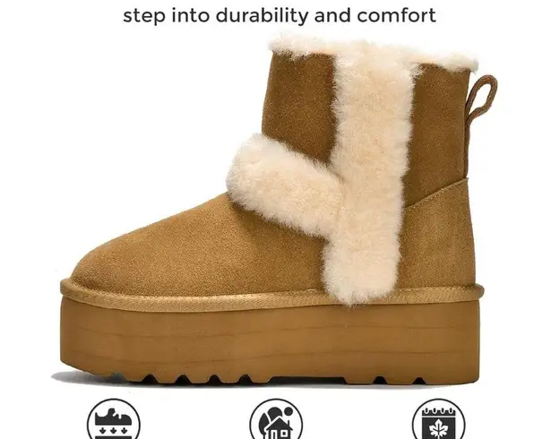 Chestnut Tan & Cream Cozy Platform Suede Boots, Fluffy Lining — Size 8 — NIB