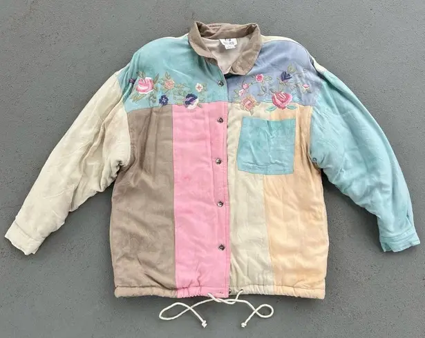 80s 90s pastel tie dye watercolor color block quilted jacket floral embroidery Size XL