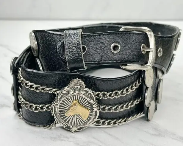 Vintage Argentina Coin Studded Leather Chain Belt Gaucho Western Small (S) ✨ Black