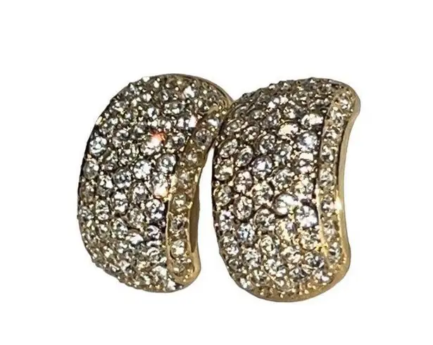 Vintage Roman Gold Plated Swarovski Paved Crystal Clip On Huggies Earrings