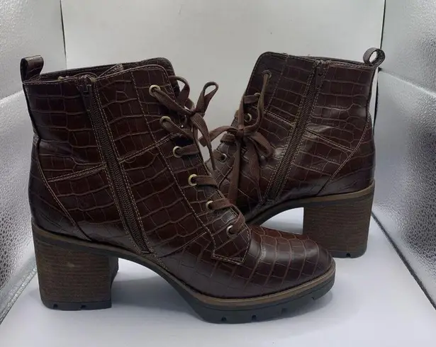 Naturalizer  Callie Brown Croco Embossed Leather Block Heel Boots US 11M EUC