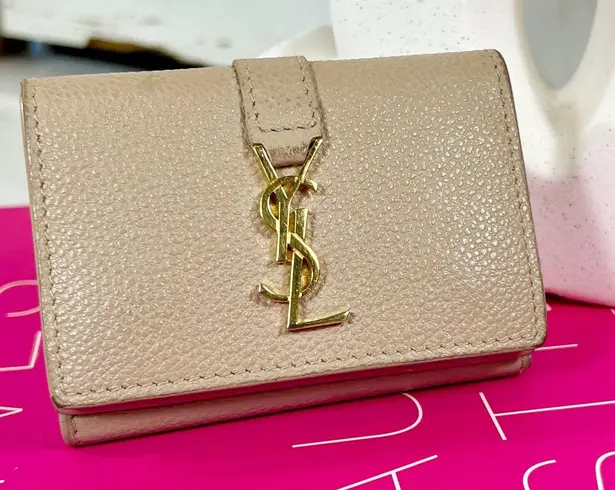 Saint Laurent Taupe Calfskin Line Flap Compact Wallet