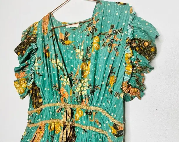 Ulla Johnson Marni Green Floral Ruffle Sleeves Tie Hourglass Mini Dress Size 14
