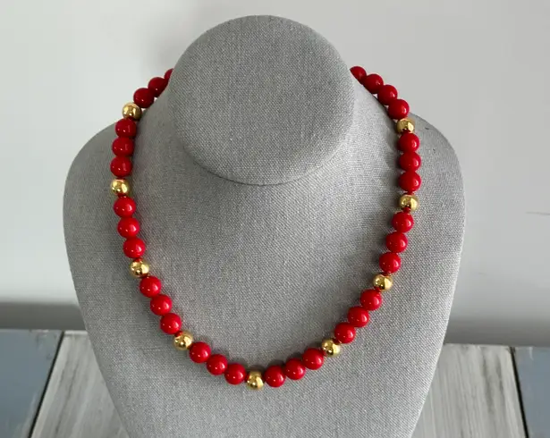Napier Fabulous Vintage Beaded Necklace Red & Gold Tone Beads Pat#