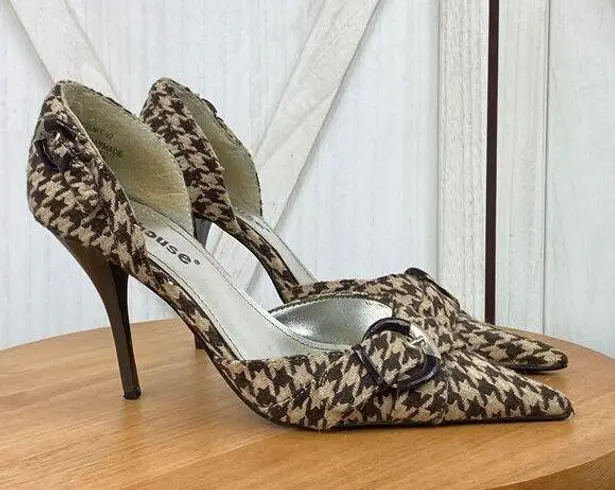 Dollhouse Houndstooth Fabric Buckle Pointed Toe Heels Tan Brown 7.5