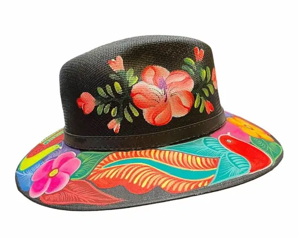 HAT MEXICAN Artisanal Hand Painted Fedora Floral Sombrero Panama Bohemian Black