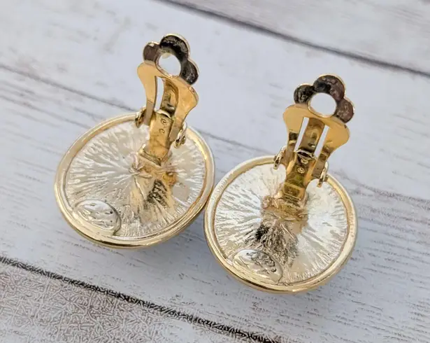 Vintage Clip On Earrings Large White with Gold Tone