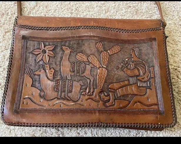 Vintage Brown Leather Hand Tooled Purse
