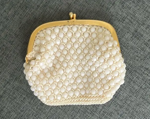 Vintage White and Gold Crochet Beaded Change Purse Bag
