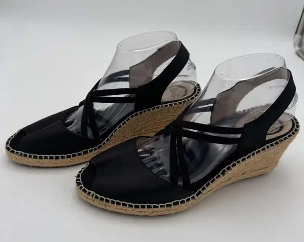 Abeo Delano Espadrille Wedge Sandal Black Leather Peep Toe Slip On 9N Crisscross Size 9
