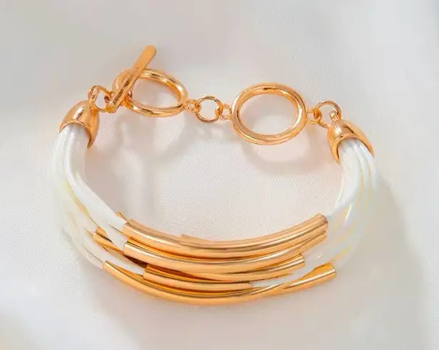 Beige Leather Bracelet w/ Gold & Silver