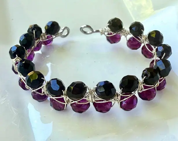 Purple & Black Faceted Beaded Open Bangle Cuff