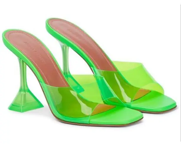 Amina Muaddi Lupita PVC Slip On Spool Heel Mules Sandal Fluo Green Women Size 40