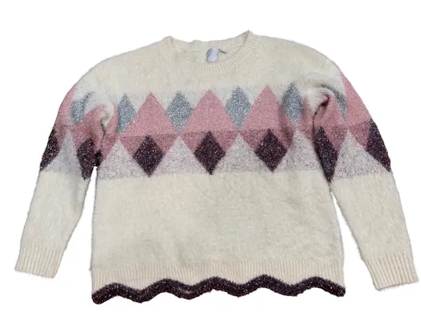 Sparkle Diamond Argyle Cozy Fuzzy Sweater Medium Cream Pink Silver Athropo Size L
