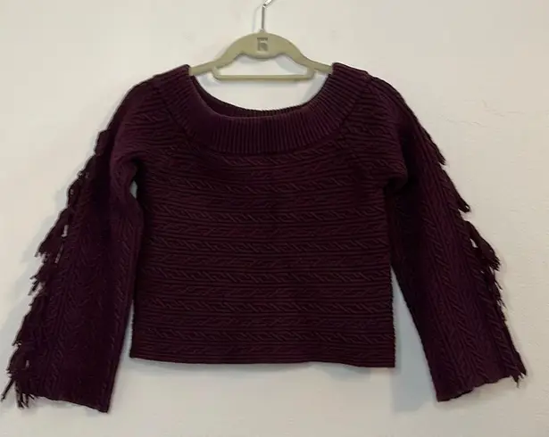 Rachel Roy Ryanne Fringe Cable Knit Off Shoulder Sweater Royal Orchid