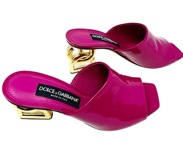 Dolce & Gabbana Fuchsia Pink Patent Mules Gold DG Heel Logo Sandals Size EU 37.5