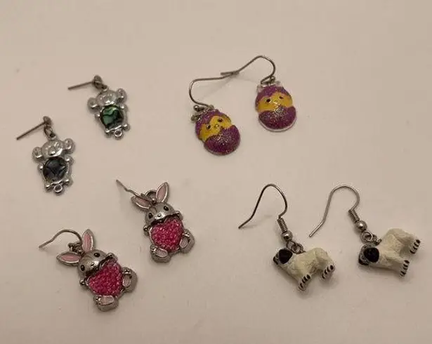 Lot Of 4 Costume Earrings Pierced Dangle / Drop Easter Egg, Rabbit, Pug, Koala