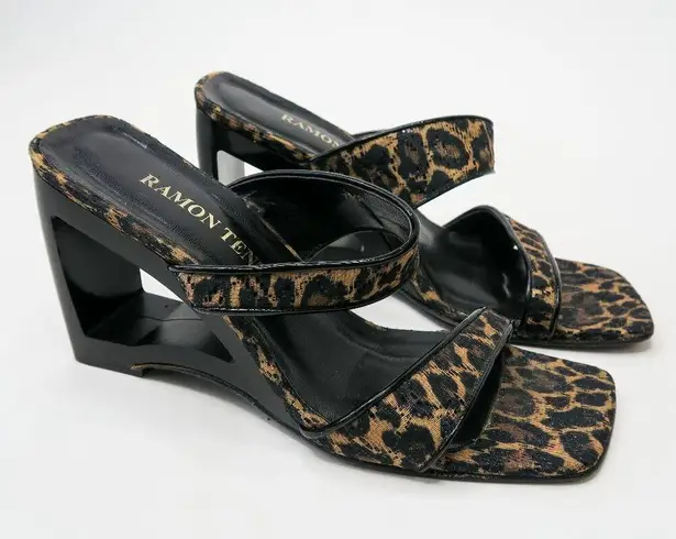 Vintage 90s Ramon Tenza Leopard Cut Out Wedge Mules Size 7.5