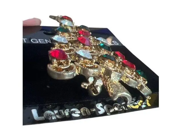 Vintage Lauren Spencer Genuine Crystal Pin Brooch Gold Tone Red Green Clear New