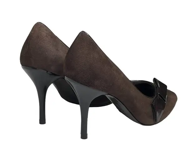 via spiga new β Peep Toe Stiletto Heels Pumps β Chocolate Suede + Patent Leather