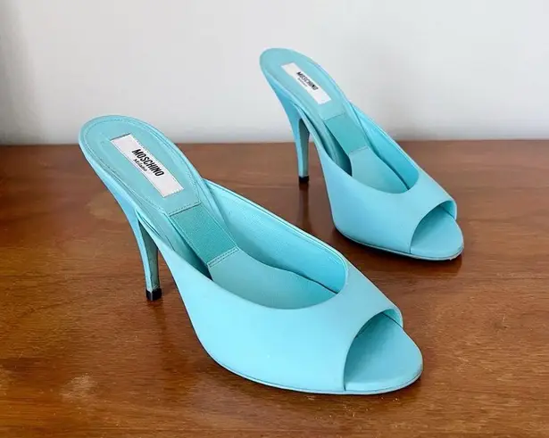 Moschino x Barbie • turquoise stiletto mules heels sandals peep toe