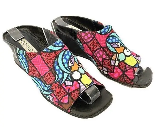 Donald Pliner Fabric Wedge Mules Shoes Fun Colorful Romero Britto Print Size 6.5