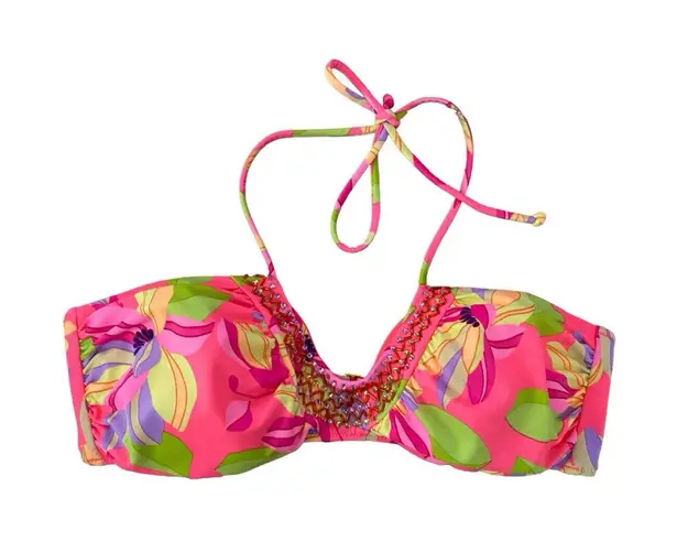 Victoria's Secret  Embellished Beaded Bikini Top Sz L Floral Pink Green Swimsuit‎