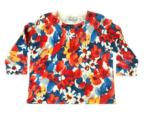 Alfred Dunner Floral Sweater size PL Large Petite Beaded 3/4 Bright Womens LP