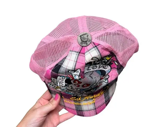 Ed Hardy  Y2K Rhinestone Plaid Skull Trucker Hat