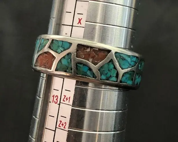 Sterling Silver Southwest Native Crushed Turquoise Coral Mosaic Ring Sz 12-1/2